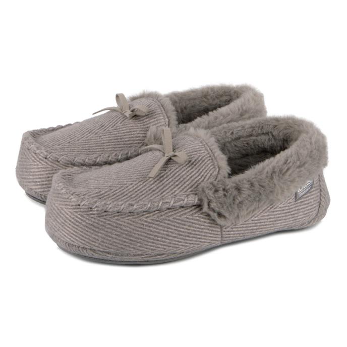 Isotoner® Ladies Herringbone Moccasin Slipper With Fur Cuff Grey Extra Image 1